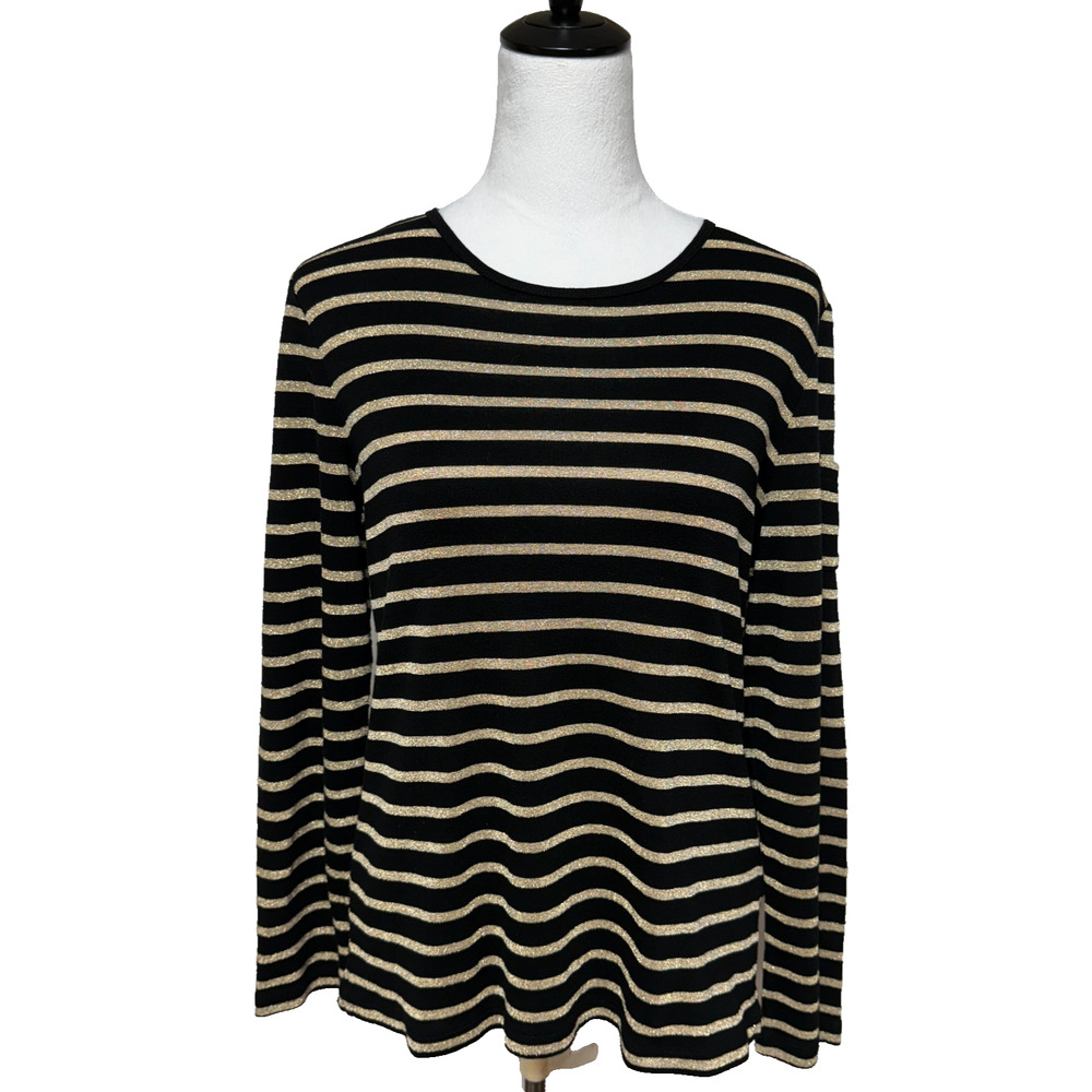 Lauren Ralph Lauren Top Womens XL Black Gold Metallic Striped Bling Long Sleeve